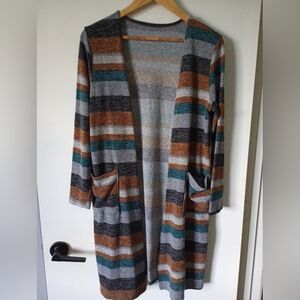 Striped Long Cardigan with Pockets Size Medium